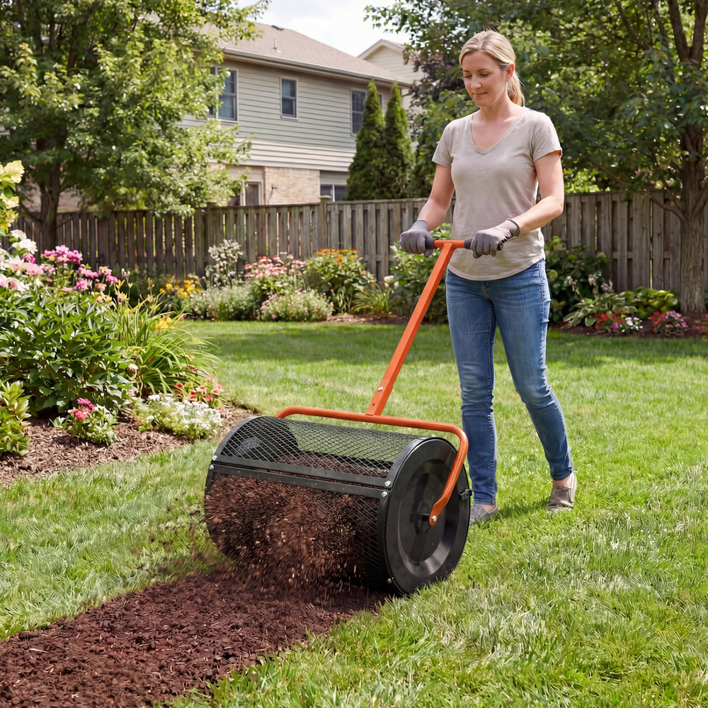 Compost Spreader 24 Inch Peat Moss Spreader Roller with Height-adjustable T-shape Handle-Orange - Gallery View 1 of 10