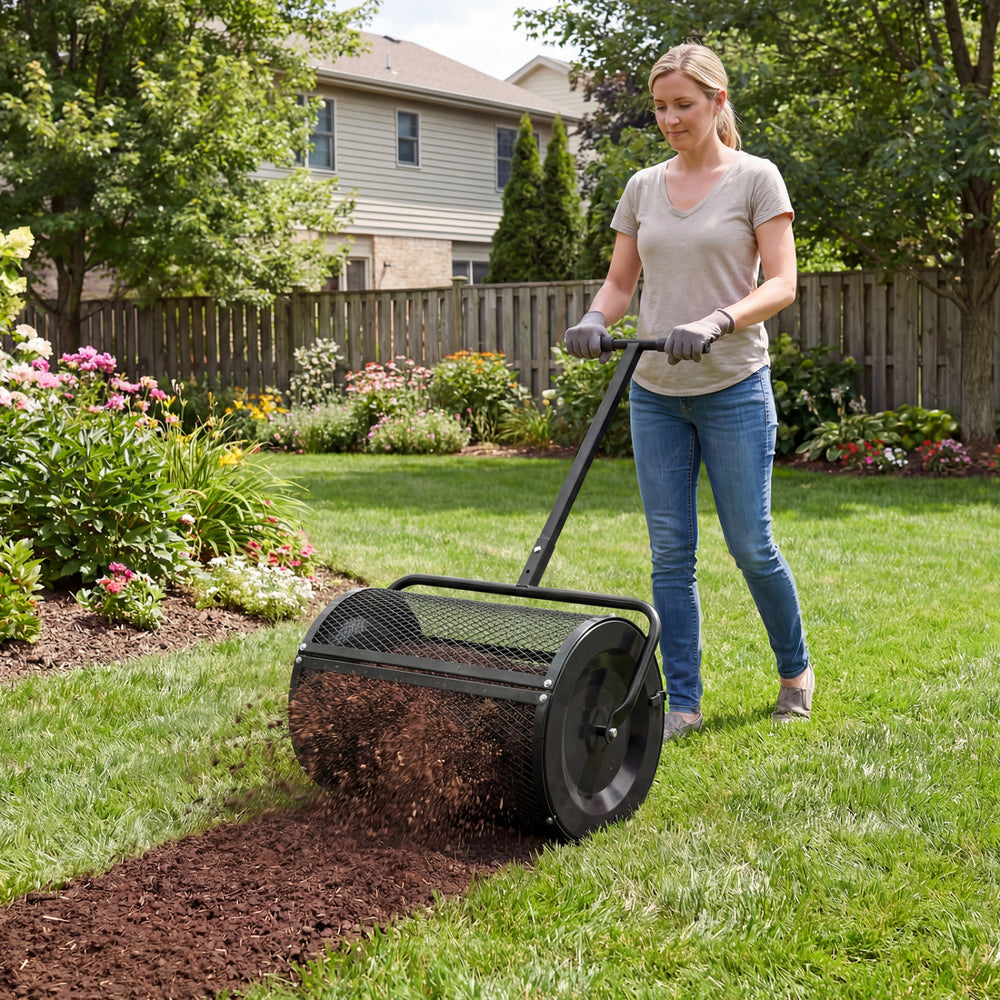 Compost Spreader 24 Inch Peat Moss Spreader Roller with Height-adjustable T-shape Handle-Black - Gallery View 1 of 10
