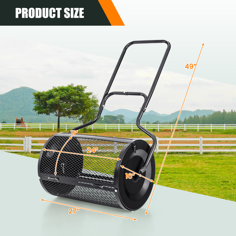 24” peat moss spreader with U-shape handle, showcasing product dimensions for efficient compost spreading.