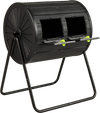 Large 37.5-gallon black compost tumbler with dual chambers and lockable doors for easy waste loading and efficient.