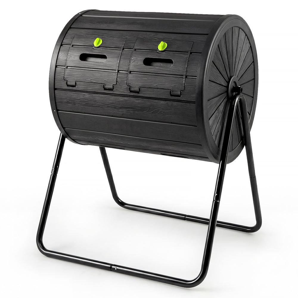 Large 37.5-gallon black compost tumbler with dual chambers and lockable doors for efficient outdoor composting.