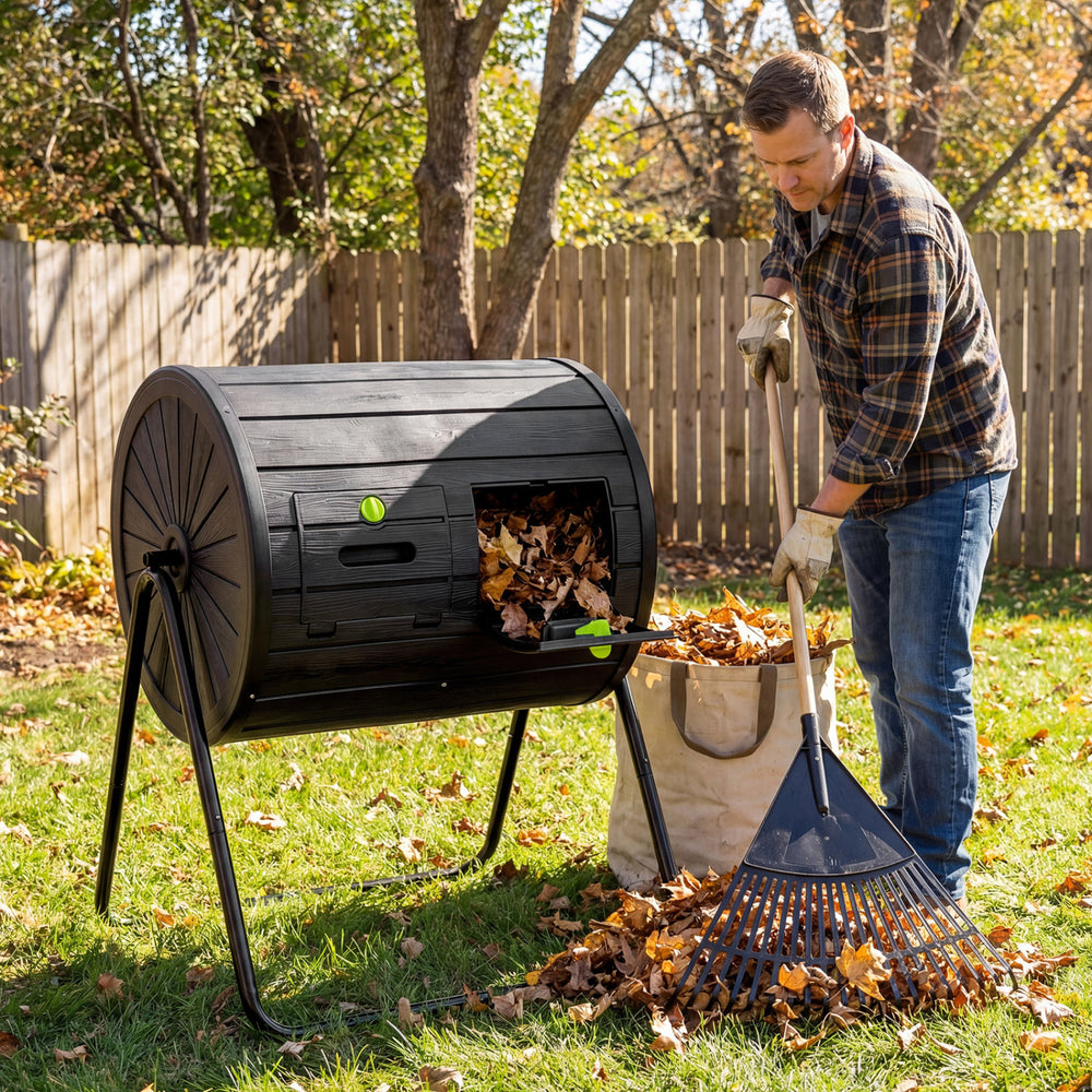 Compost tumbler with dual chambers, 37.5-gallon capacity, and easy rotation for efficient outdoor composting.