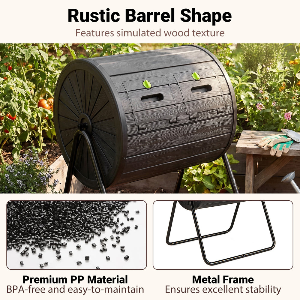 Compost tumbler with rustic barrel shape, 37.5-gallon capacity, BPA-free PP material, ideal for outdoor composting.
