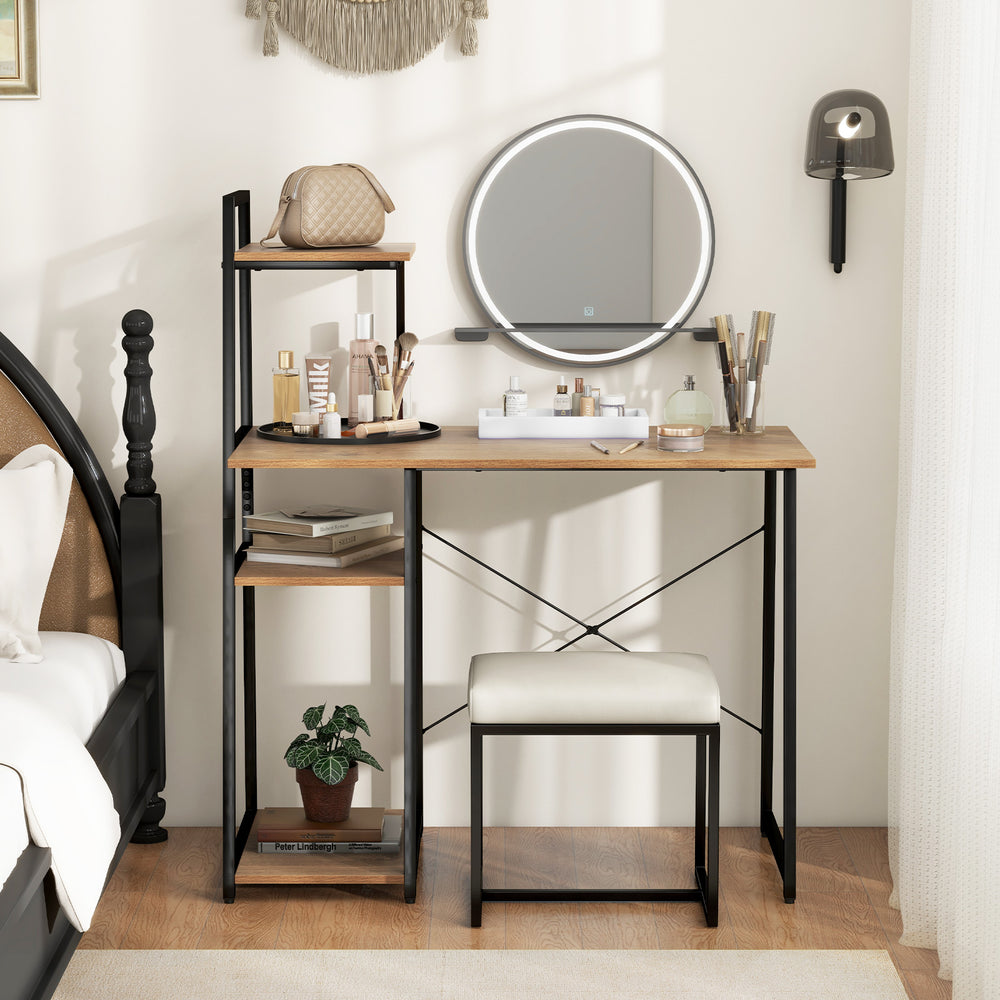 Compact computer desk workstation with natural wood finish, featuring 4 tier shelves for home and office organization.