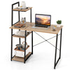 Compact computer desk workstation with 4 tier shelves, natural finish, ideal for home and office organization.