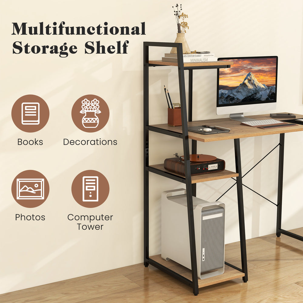 Compact computer desk workstation with 4 tier shelves, natural wood finish, ideal for home and office organization.