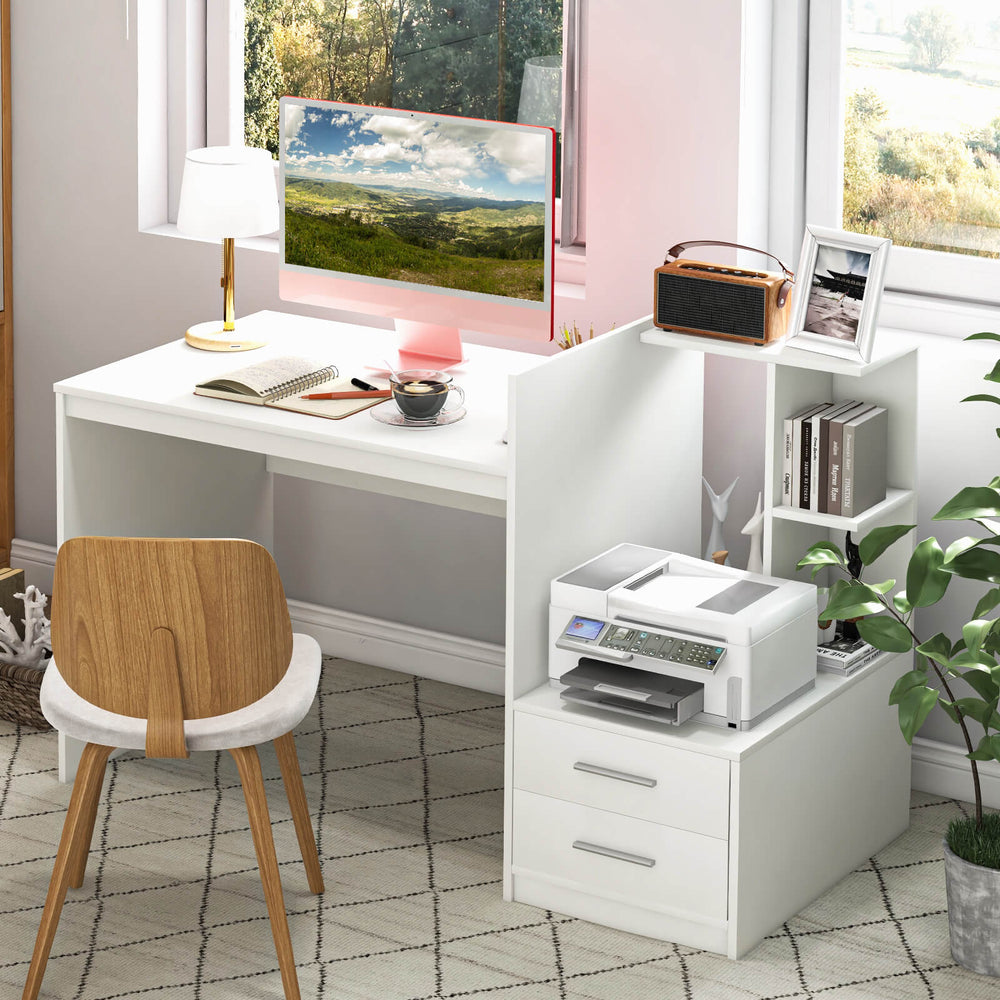 White computer desk with corner bookshelf and drawers, ideal for home office or study, featuring a wide desktop and.