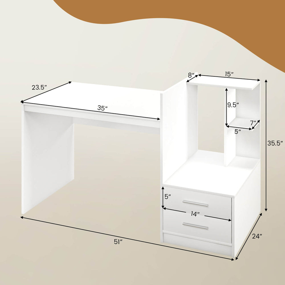 White computer desk with corner bookshelf and two drawers, featuring dimensions for home office use and modern design.