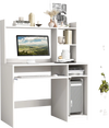 Home office computer desk in white with bookcase, keyboard tray, and CPU stand, ideal for organized workspace.