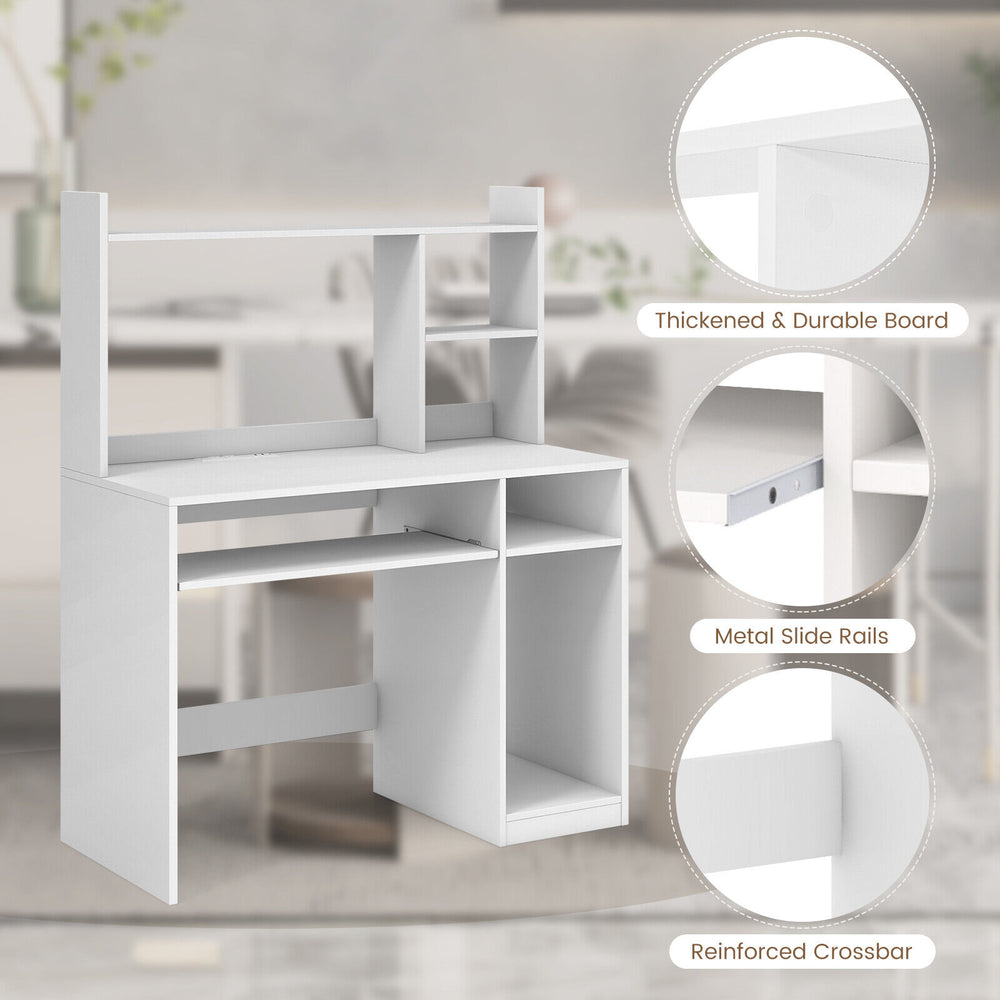 Home office computer desk in white with bookcase, keyboard tray, and CPU stand, featuring USB ports and reinforced.