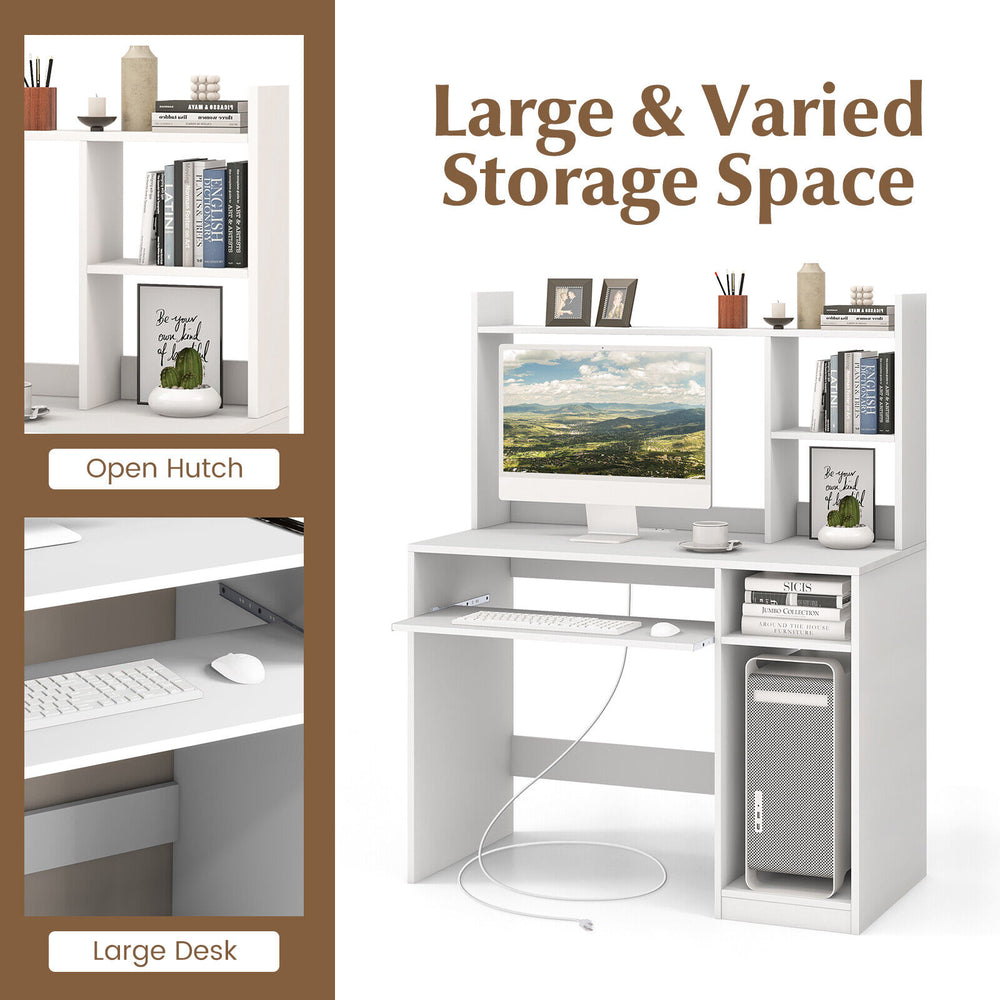 Home office computer desk in white with bookcase, keyboard tray, and CPU stand, featuring ample storage space.