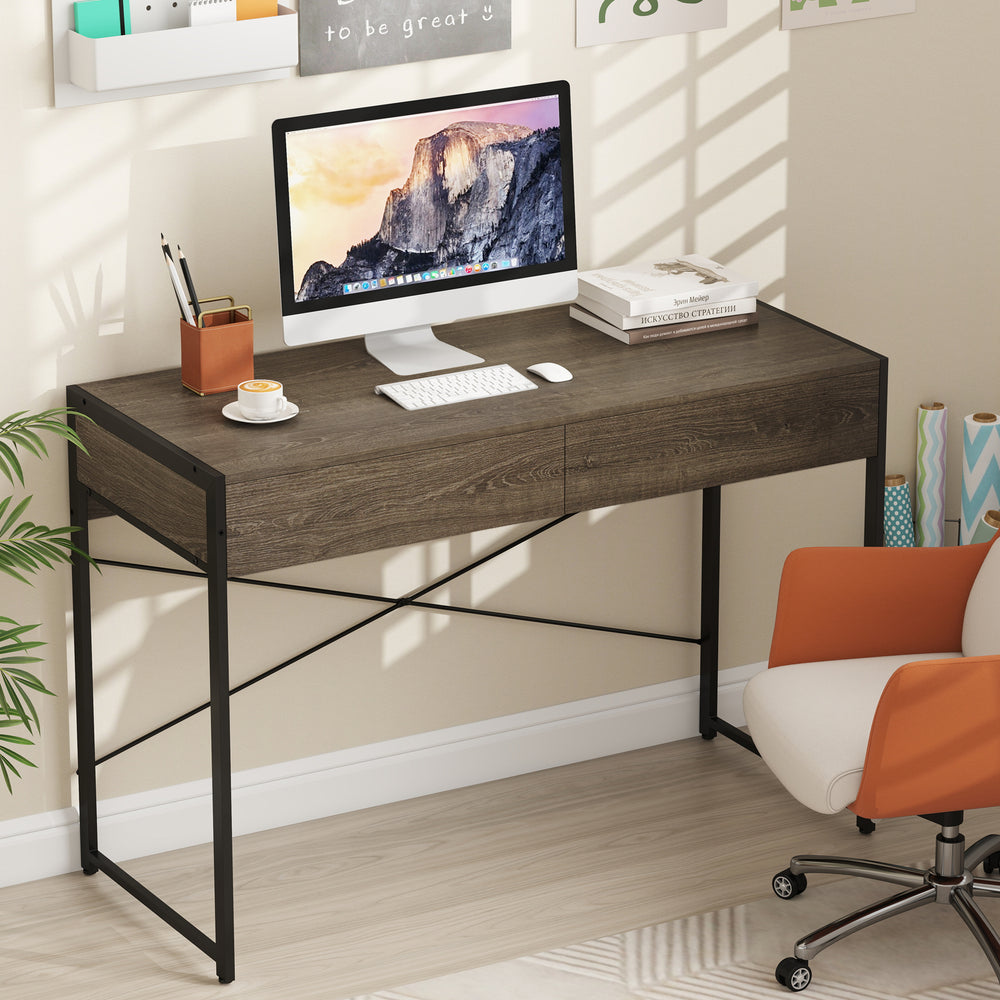 Computer desk with 2 drawers, oak finish and metal frame, ideal for home office or study with spacious tabletop.