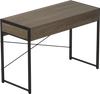 Computer desk with oak finish and metal frame, featuring two drawers for storage, ideal for home office use.