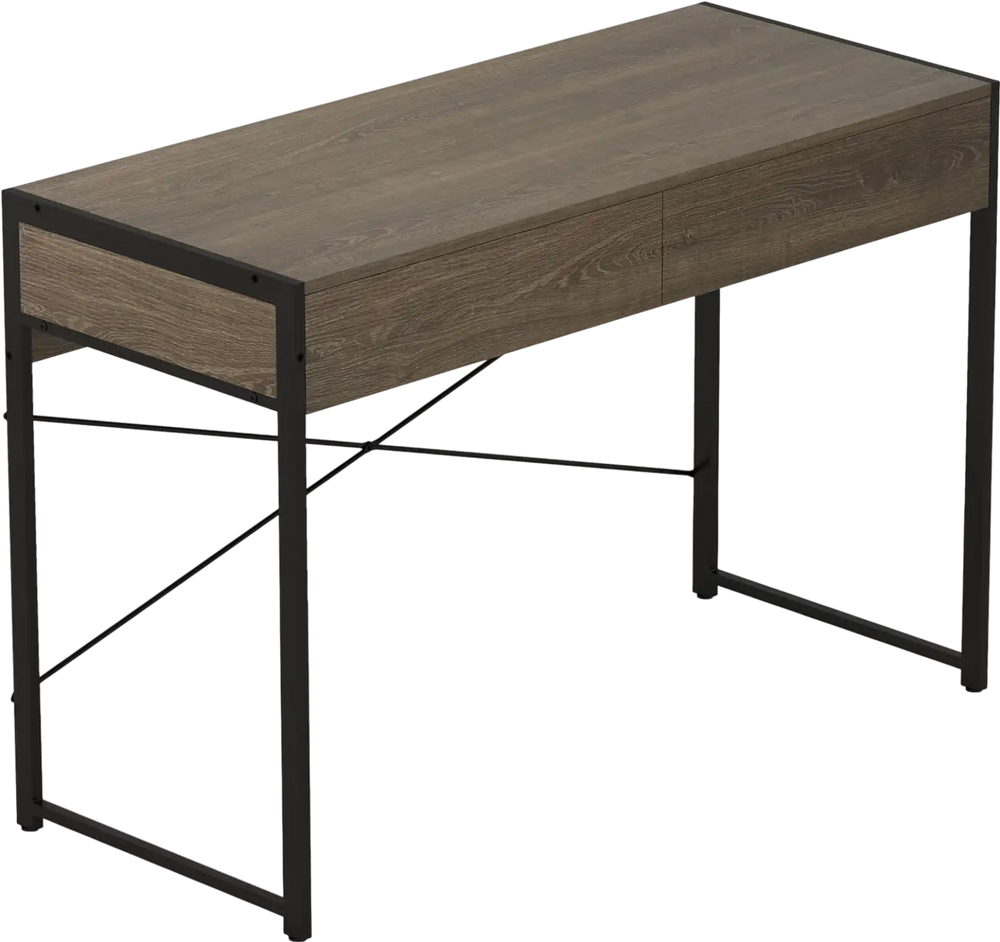 Computer desk with oak finish and metal frame, featuring two drawers for storage, ideal for home office use.