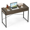 Computer desk with metal frame and oak finish, featuring two drawers for storage, ideal for home office use.