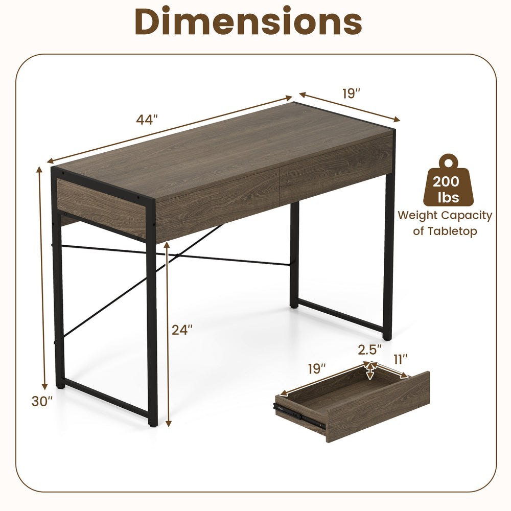 Computer desk with 2 drawers, oak finish, metal frame, dimensions 44"x19"x30", ideal for home office or study use.