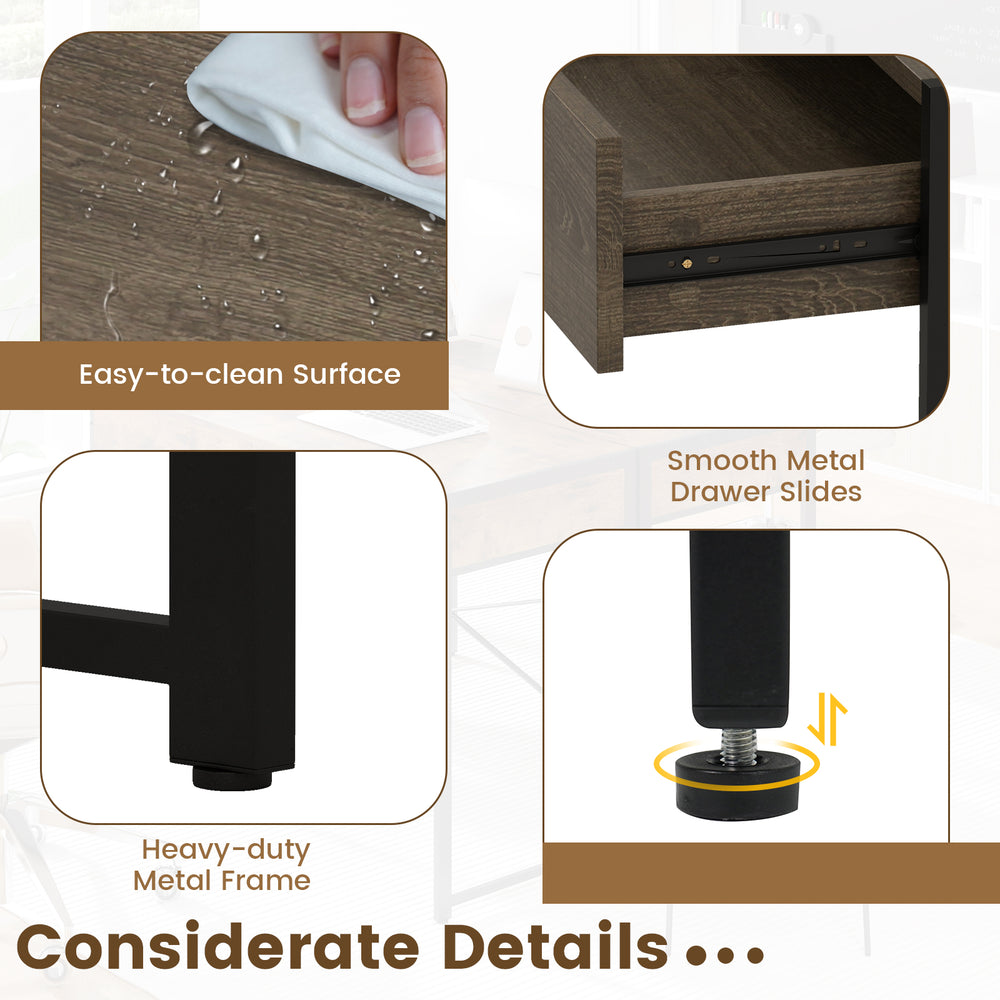 Close-up of the oak computer desk's easy-to-clean surface and smooth metal drawer slides for efficient storage.