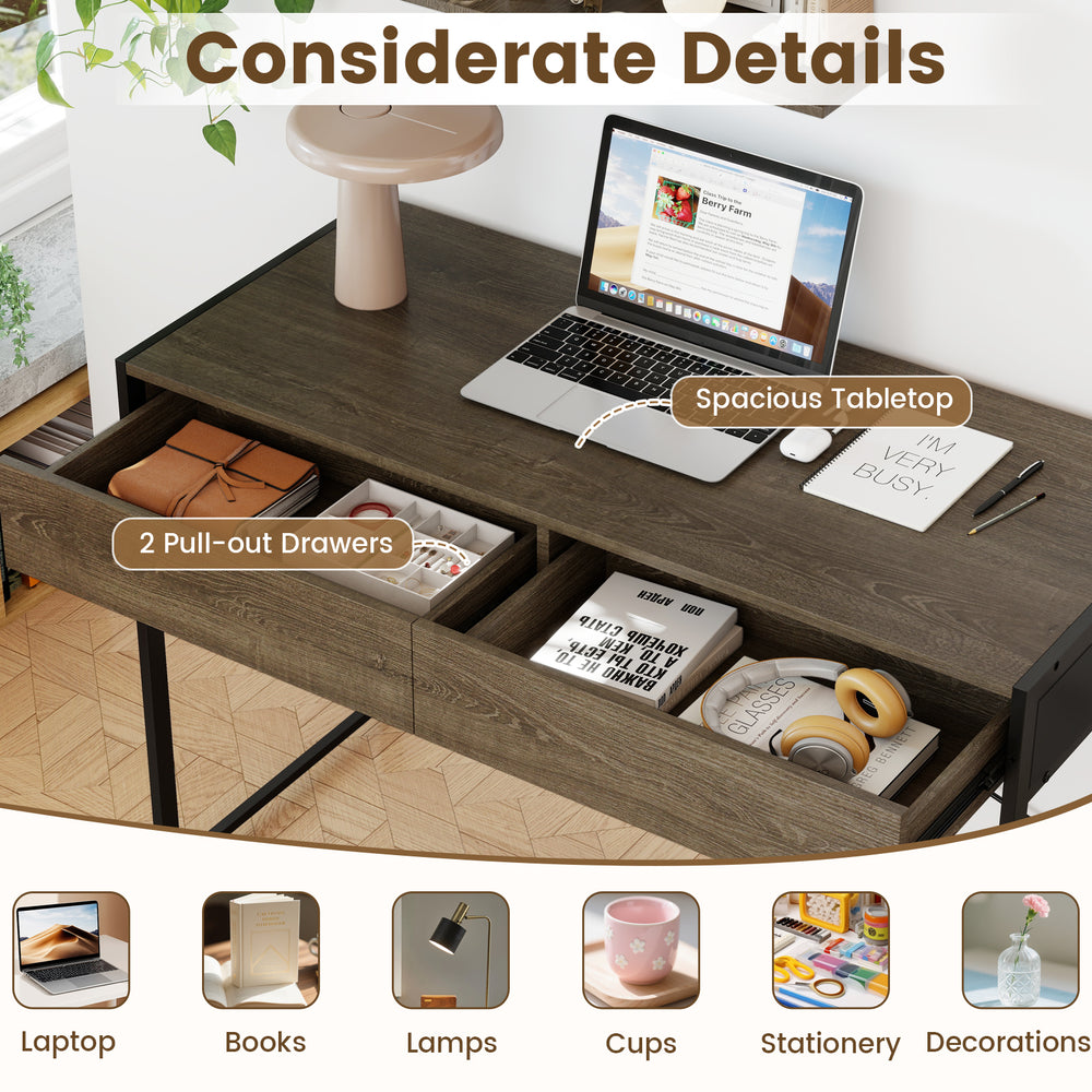 Computer desk with spacious oak tabletop and 2 pull-out drawers, ideal for home office organization and stability.