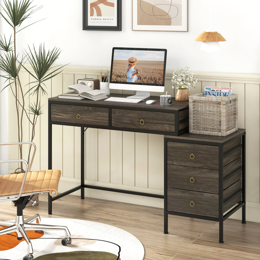 Computer desk with grey wood grain finish, 5 drawers, and black metal frame, ideal for home office workspace.