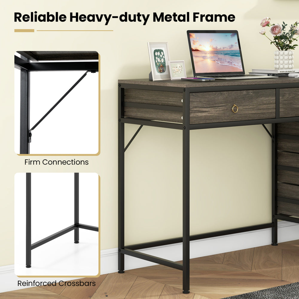 Computer desk featuring a grey wood finish and heavy-duty metal frame, ideal for home office use with ample storage.