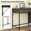 Computer desk featuring a grey wood finish and heavy-duty metal frame, ideal for home office use with ample storage.
