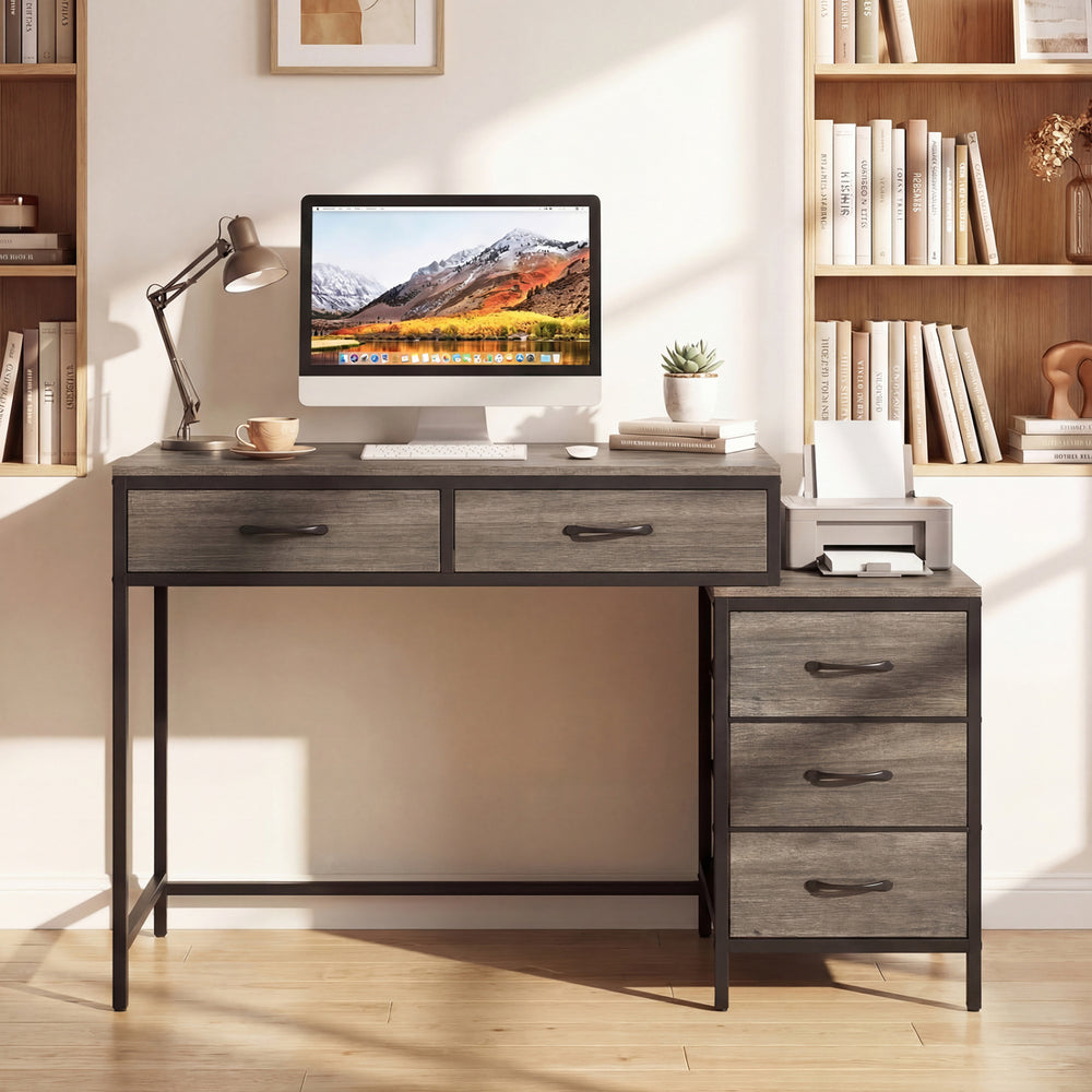 Computer Desk with 5 Drawers and Printer Stand for Bedroom and Small Spaces-Oak - Gallery View 1 of 11