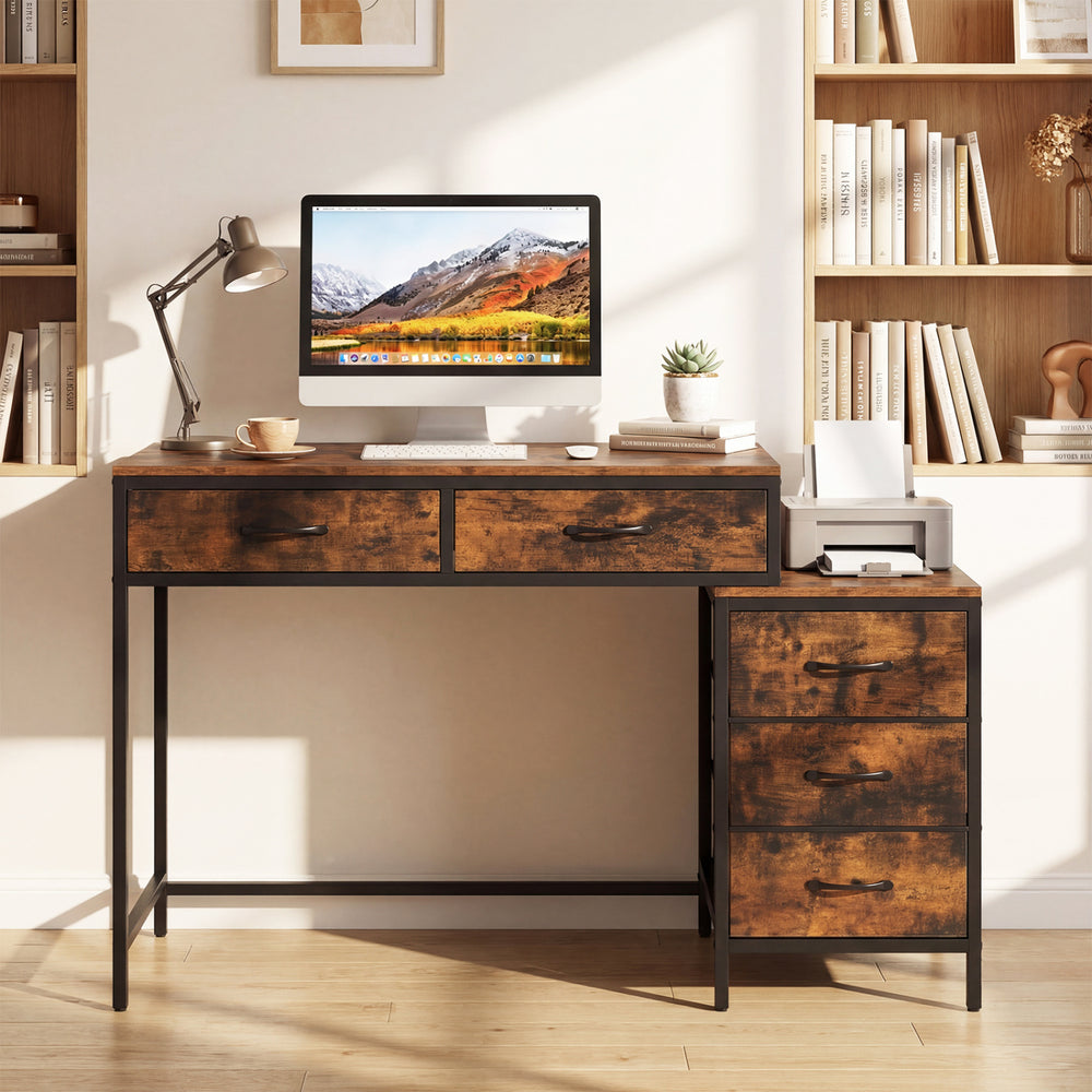 Computer desk in rustic brown with 5 drawers and printer stand, ideal for small spaces and organized workspace.