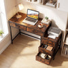 Rustic brown computer desk with 5 drawers and printer stand, ideal for small spaces and organized storage in a bedroom.