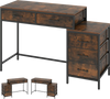 Computer desk in rustic brown with 5 drawers and printer stand, ideal for small spaces and organized work areas.