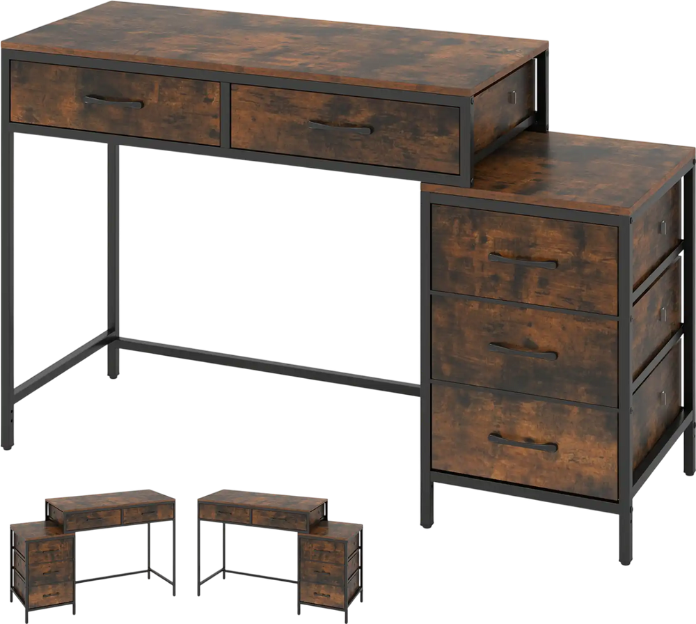 Computer desk in rustic brown with 5 drawers and printer stand, ideal for small spaces and organized work areas.