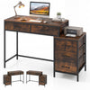 Computer desk in rustic brown with 5 drawers and printer stand, ideal for small spaces and home offices.