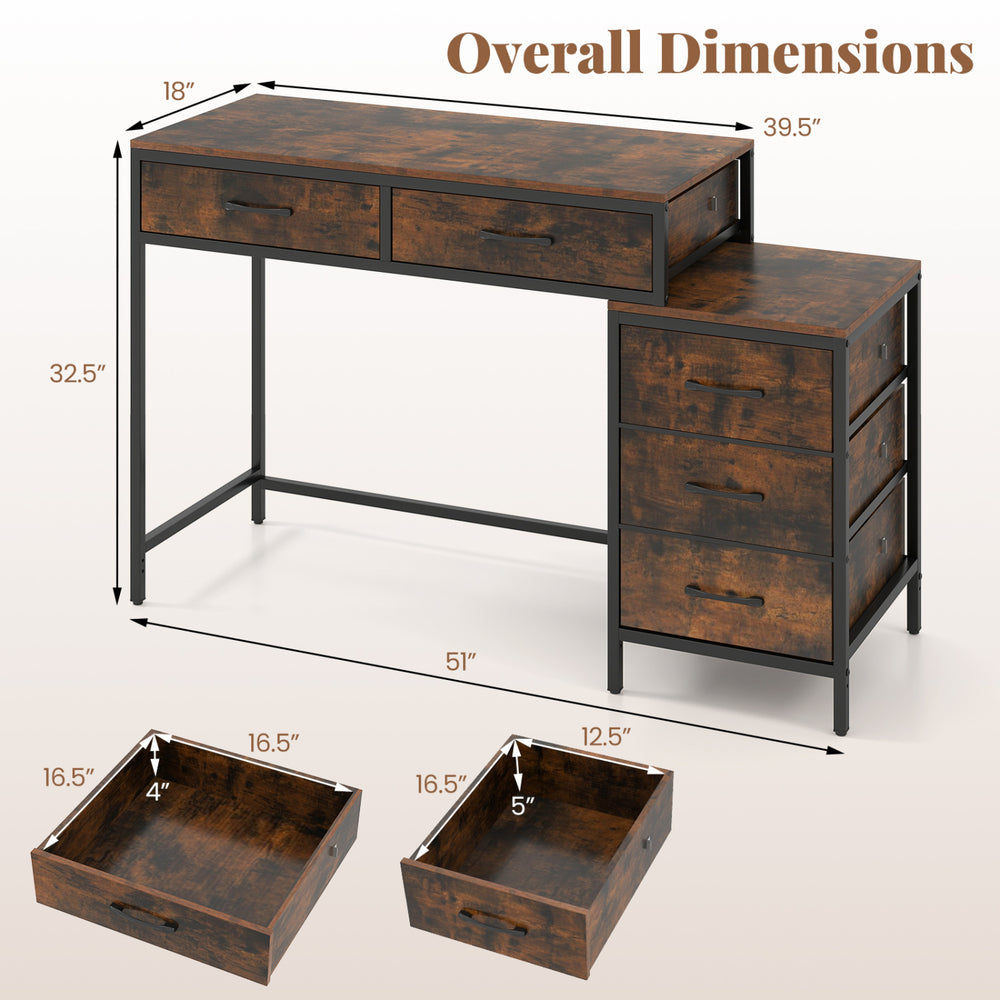 Detailed dimensions of the rustic brown computer desk with 5 drawers and printer stand, designed for small spaces.