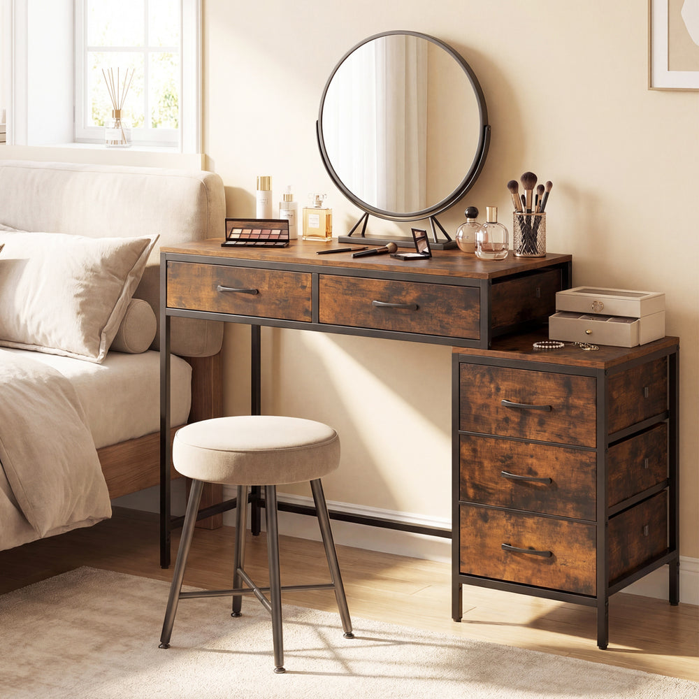 Rustic brown computer desk with 5 drawers and printer stand, ideal for bedroom or small spaces, featuring a spacious.