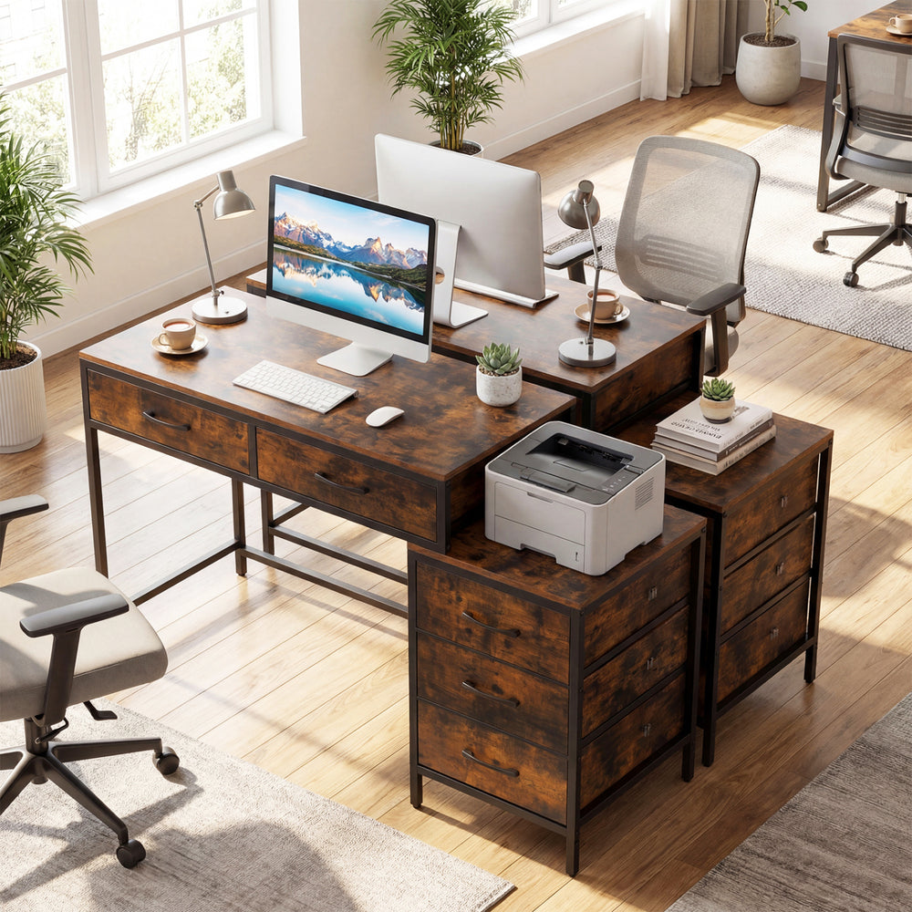 Computer desk with 5 drawers and printer stand in rustic brown, ideal for small spaces and organized workspaces.