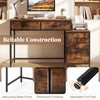Computer desk in rustic brown with 5 drawers and printer stand, featuring a heavy-duty metal frame for small spaces.
