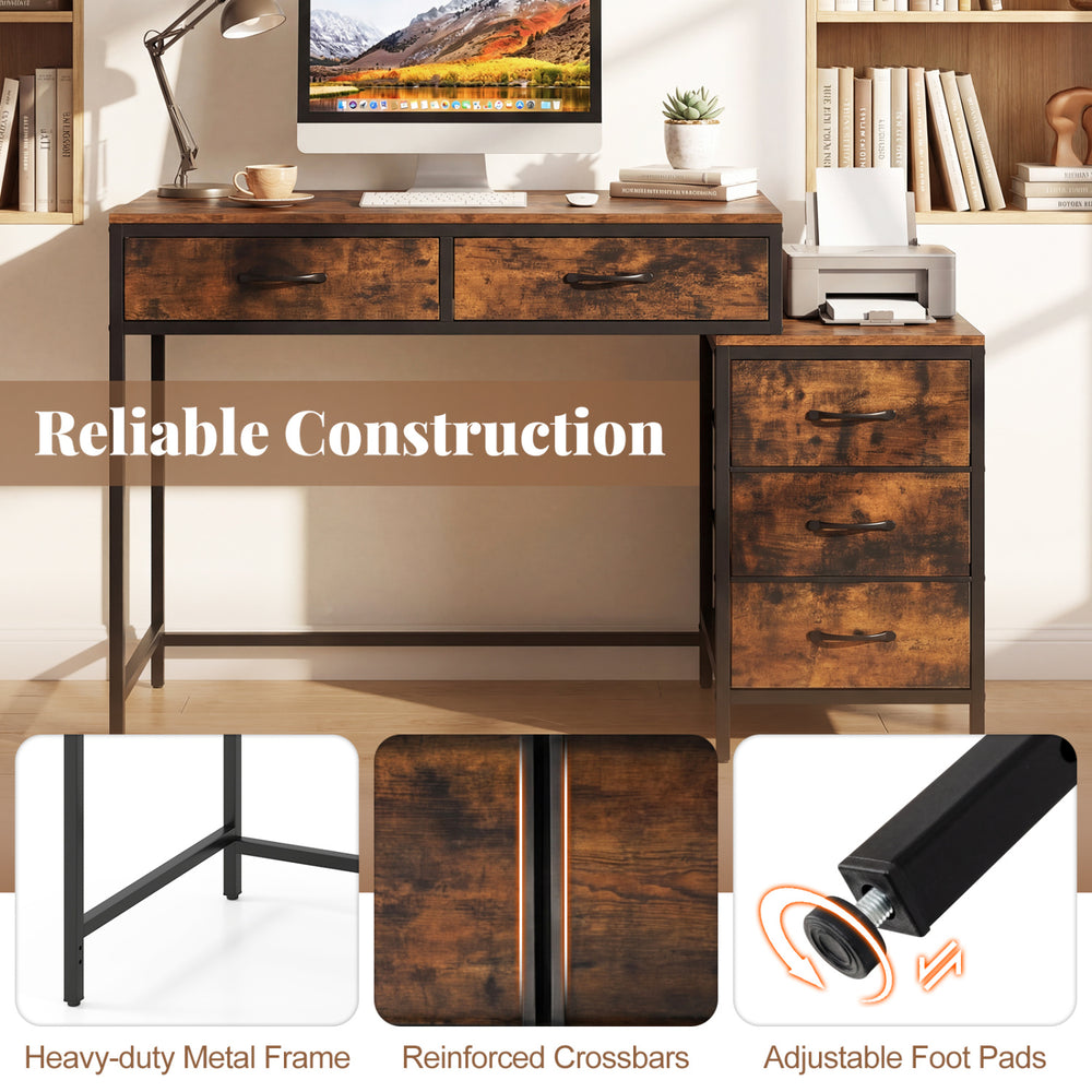 Computer desk in rustic brown with 5 drawers and printer stand, featuring a heavy-duty metal frame for small spaces.