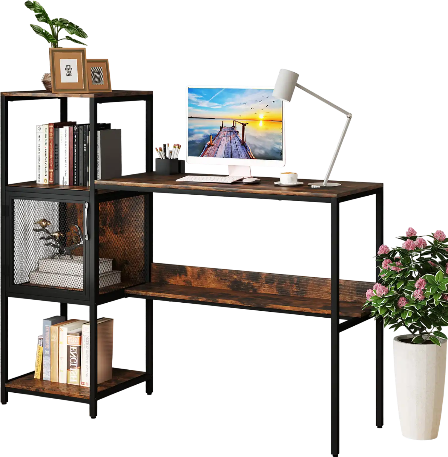 Costway Computer Desk with Bookshelf Storage Cabinet Shelves Rustic Brown 278163594 New
