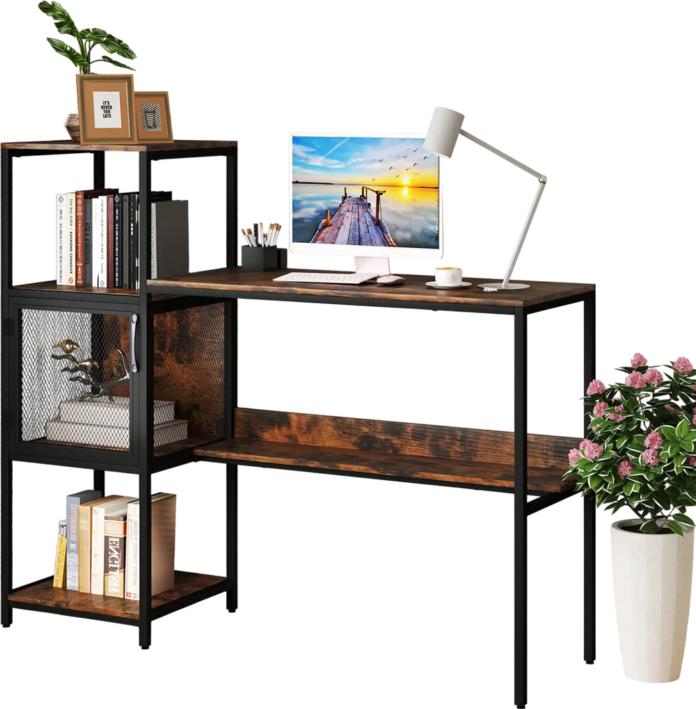 Computer desk with bookshelf in rustic brown, featuring spacious surface, mesh cabinet, and open shelves for storage.