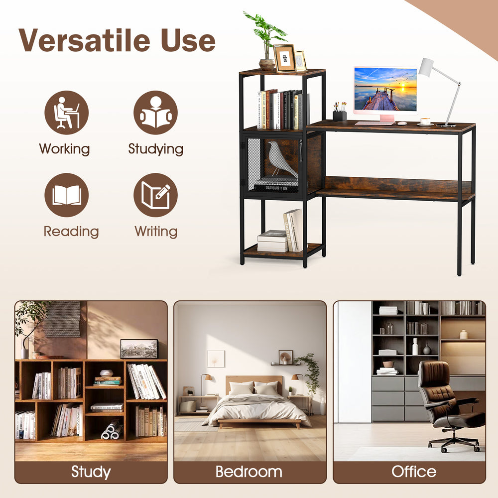 Computer desk with bookshelf in rustic brown, featuring open shelves and a sturdy metal frame for versatile home office.