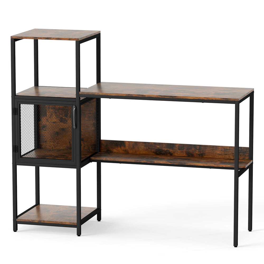 Computer desk with rustic brown finish, featuring open shelves and a mesh storage cabinet for home office organization.