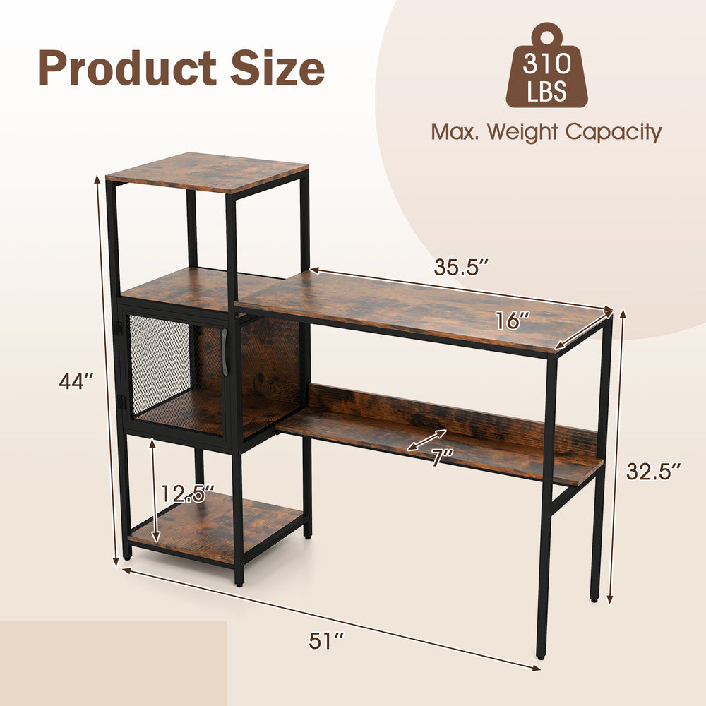 Computer desk with bookshelf in rustic brown, featuring spacious desktop, mesh cabinet, and open shelves for storage.