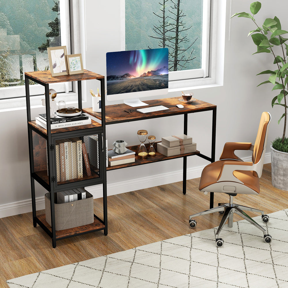 Computer desk with bookshelf in rustic brown, featuring an under-desk shelf and mesh storage cabinet for home office.