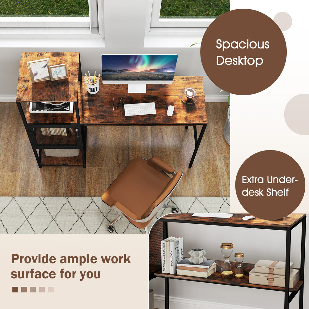Computer desk with rustic brown finish, spacious surface, and under-desk shelf for organized home office storage.