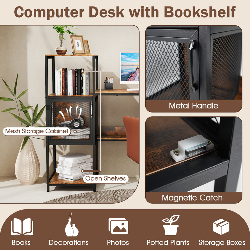 Computer desk with bookshelf in rustic brown, featuring open shelves and a mesh storage cabinet for organized workspace.