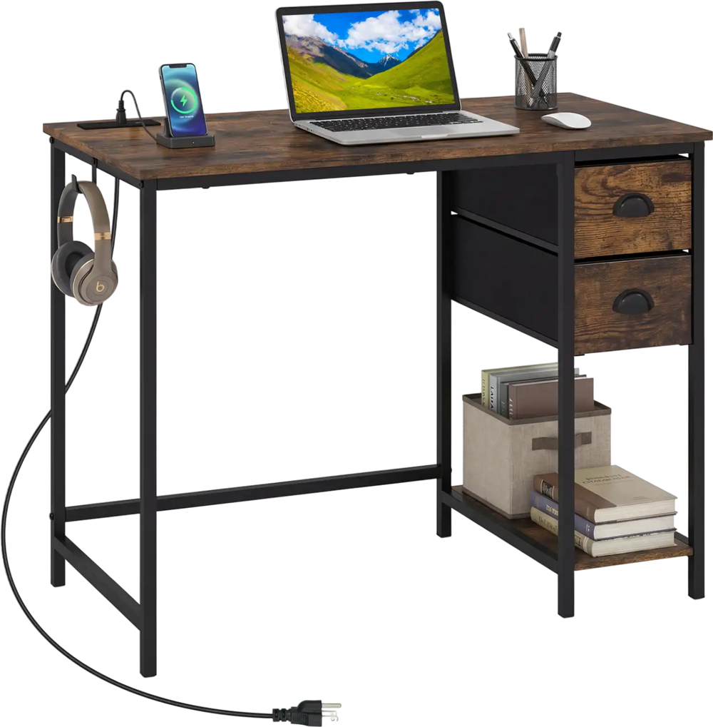 Close-up view of the computer desk's fabric drawers and headphone hook, showcasing rustic brown design and storage.