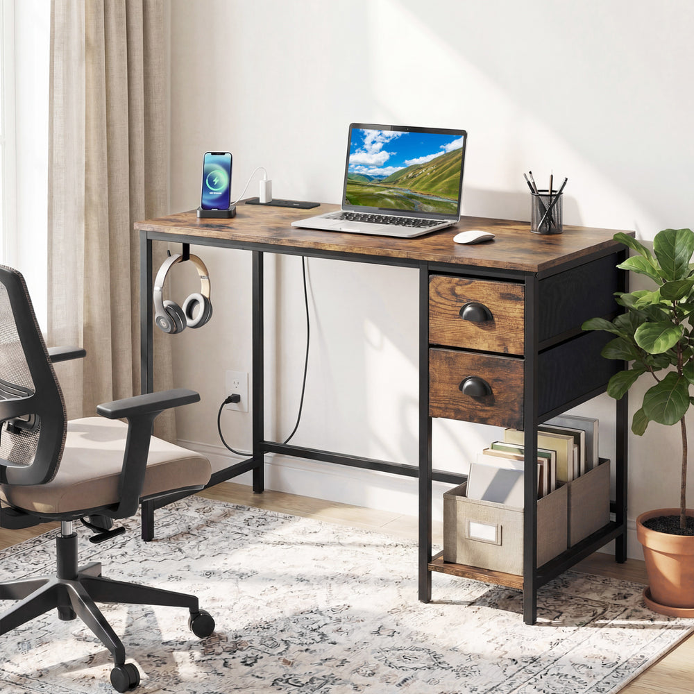 Computer Desk with Charging Station and 2 Fabric Drawers for Small Spaces-Rustic Brown - Gallery View 1 of 11