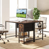 Computer desk in rustic brown with charging station, two fabric drawers, and ample workspace for small spaces.