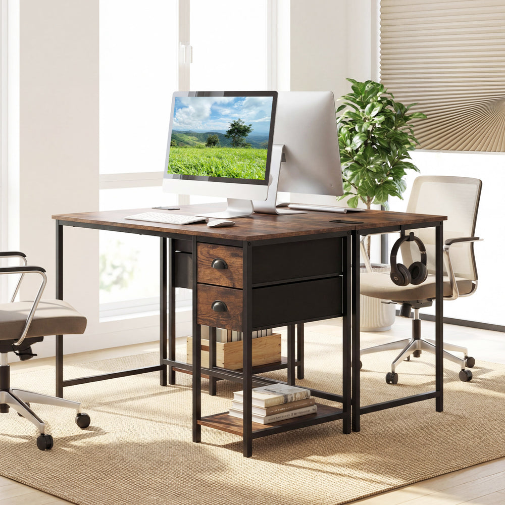 Computer desk in rustic brown with charging station, two fabric drawers, and ample workspace for small spaces.