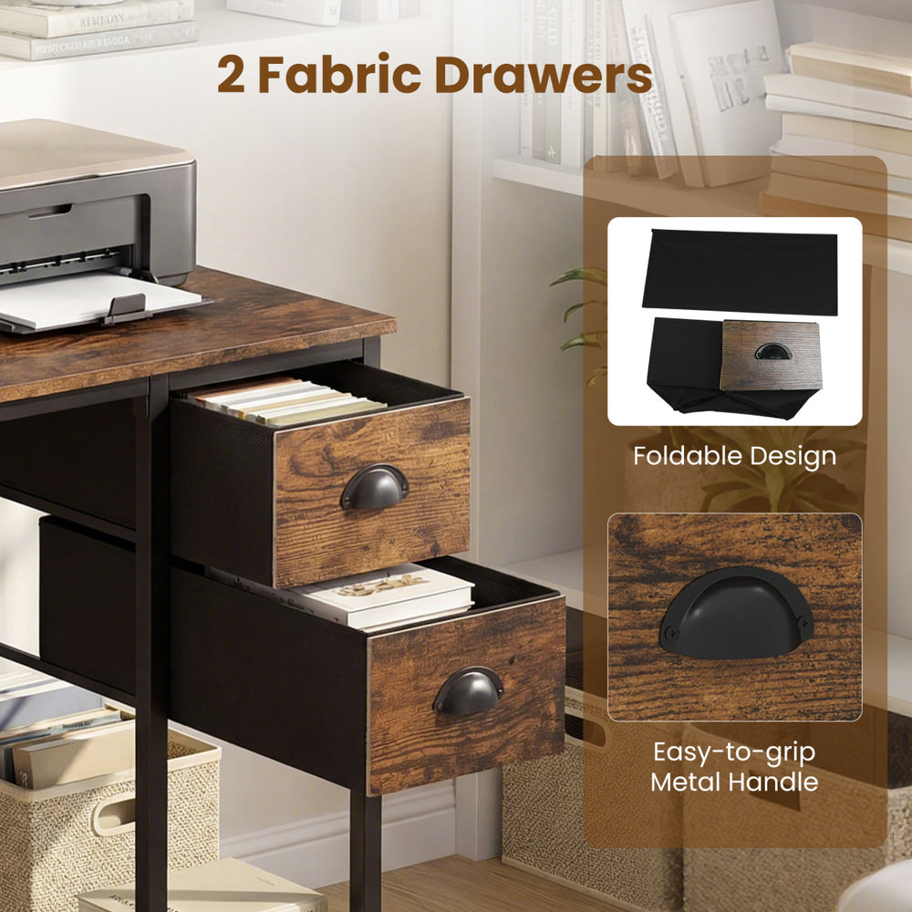 Computer desk with rustic brown finish, featuring 2 foldable fabric drawers and convenient charging station for small.