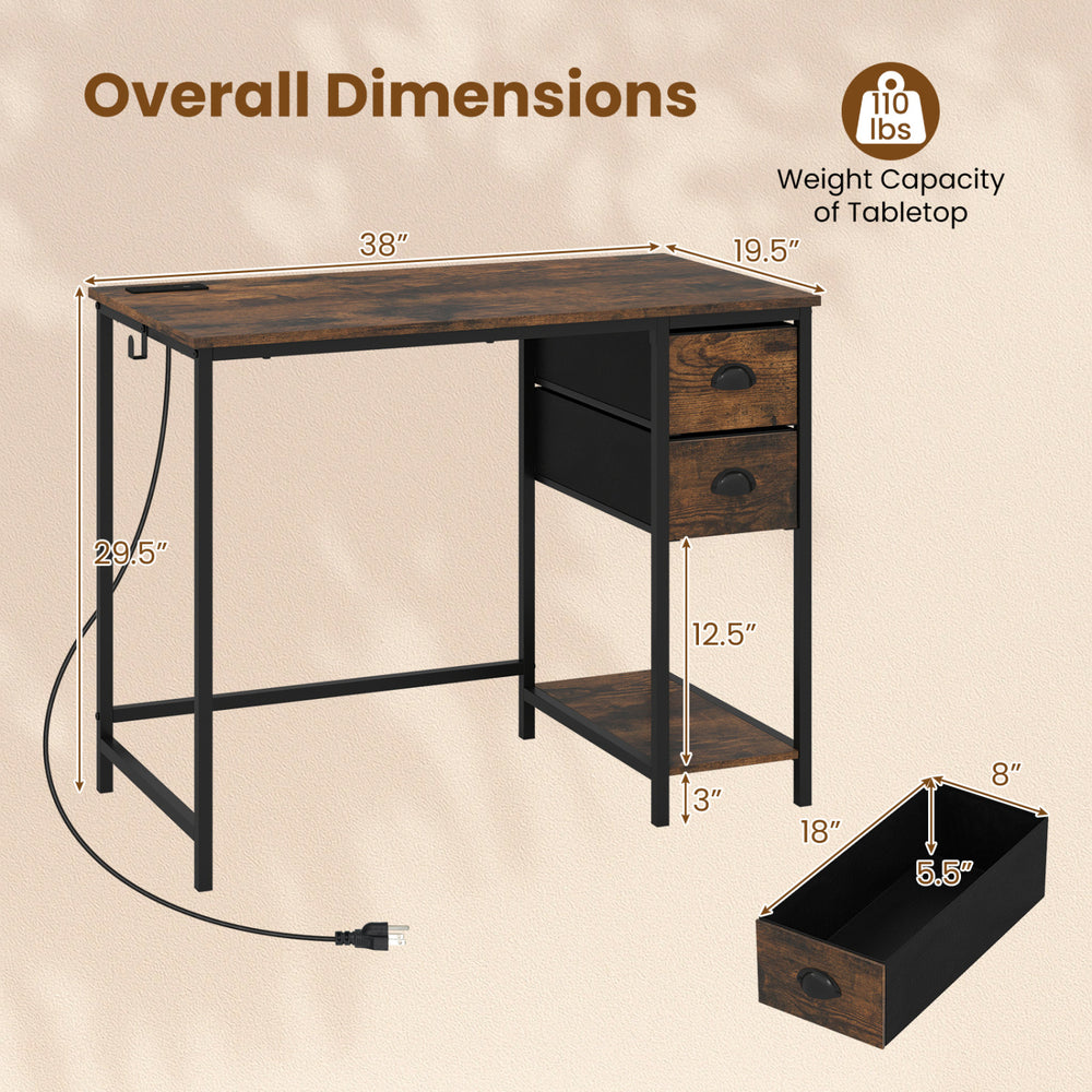 Computer desk with rustic brown finish, featuring a charging station, two fabric drawers, and ample storage for small.